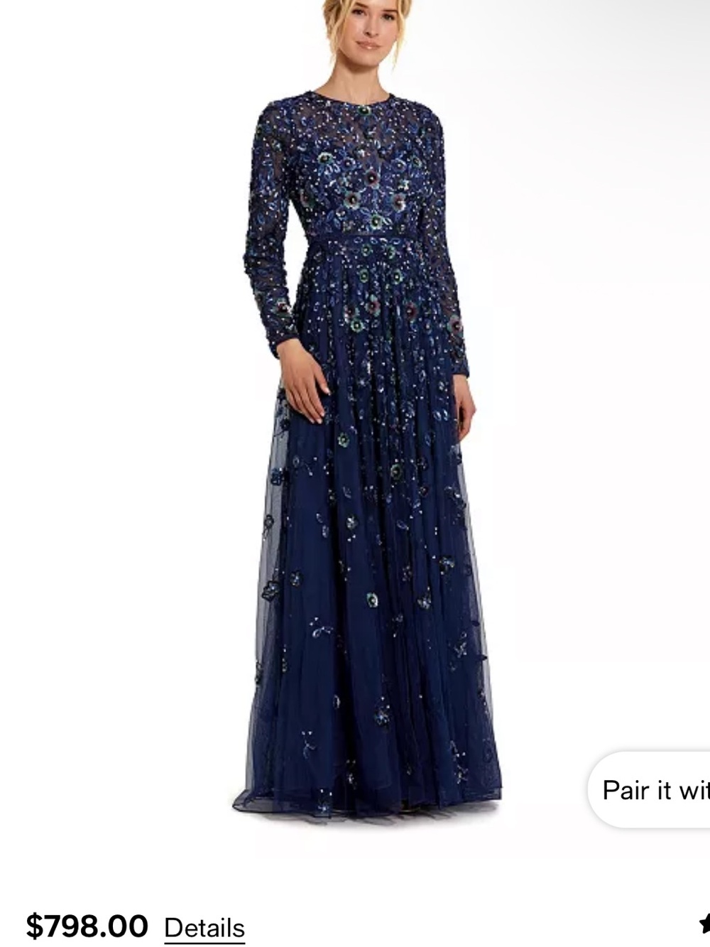 Mac Duggal Navy Beaded Mesh Long Sleeve Evening Gown